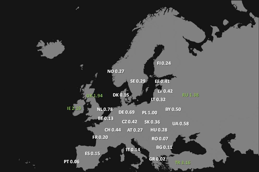Карта Европы и части Азии с примерным потреблением чая на душу населения в килограммах в разных странах.